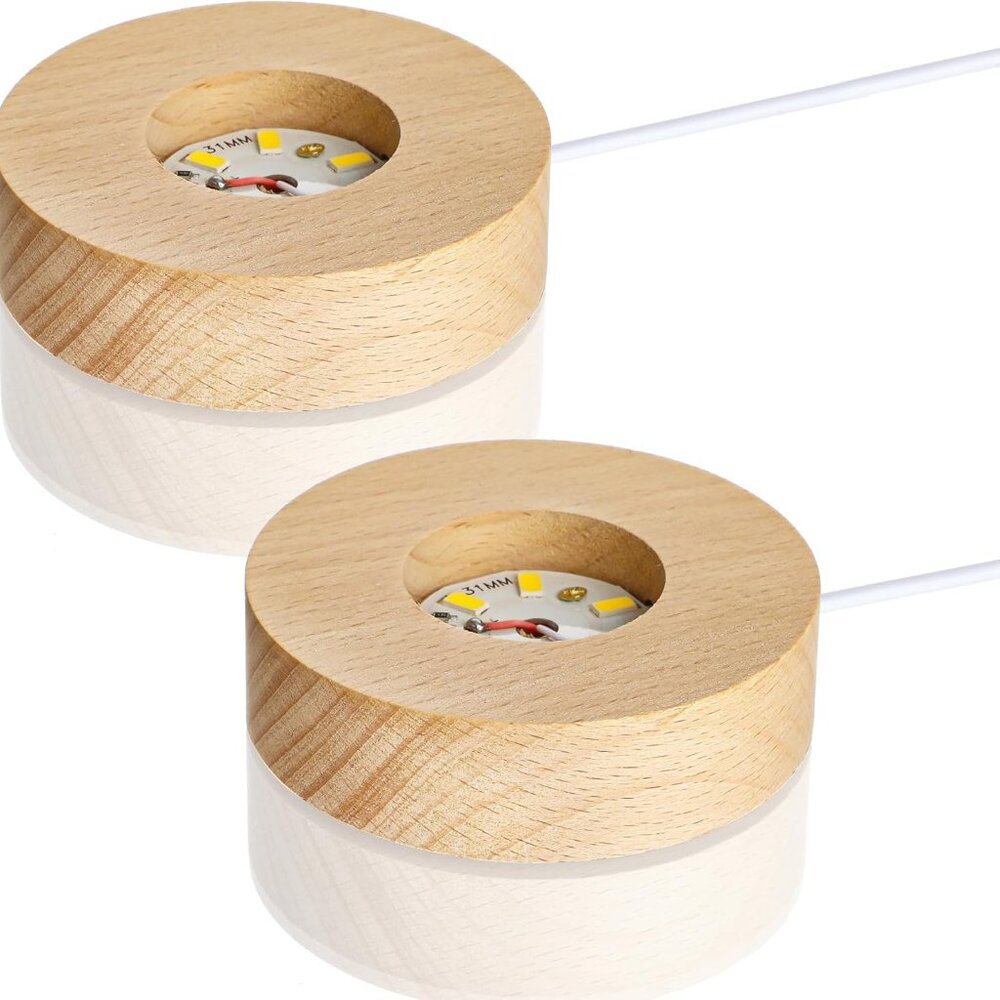 2Pcs Led Wood Display Stand for 3D Crystal Glass Resin Art Light Wooden Lamp Bas